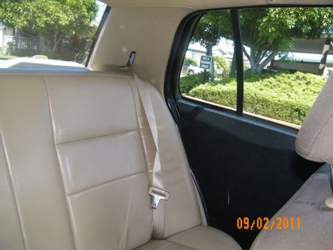 2003 Ford Crown Victoria - Back seat side bolster and shoulder belt with neighborhood greenery through rear side window