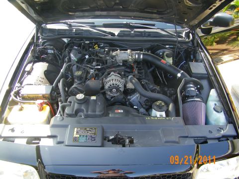 2003 Ford Crown Victoria - Engine bay showing alternator, intake tube and aftermarket air filter under a raised hood.