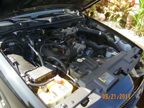 2003 Ford Crown Victoria - Open engine bay of a dark sedan photographed from the driver's side, showing a Ford modular V8 with black plastic coil covers, a red-filter…