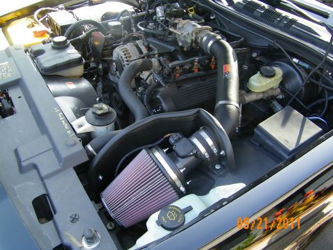 2003 Ford Crown Victoria - Aftermarket intake with conical filter and master cylinder visible in a tidy engine bay.