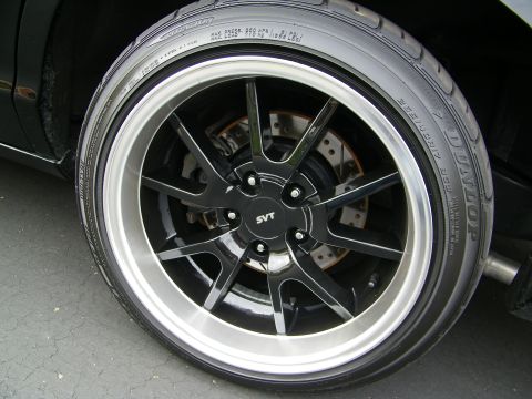 2003 Ford Crown Victoria - SVT-center-cap wheel wrapped in a Dunlop tire showing the brake rotor behind the spokes