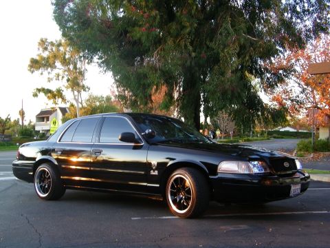 2003 Ford Crown Victoria - Black Crown Victoria at dusk, fender badge and black wheels, autumn trees behind.