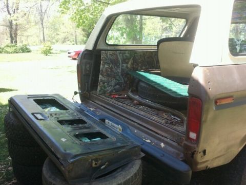 1979 Ford Bronco - Removed tailgate of a 1978 Ford Bronco, revealing the interior and spare tire.