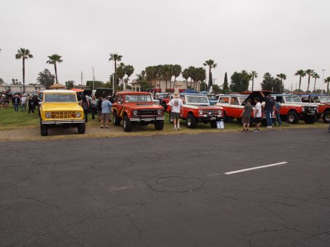 1994 Ford Bronco - A collection of Ford Broncos are displayed outdoors under a cloudy sky, with people milling around them.