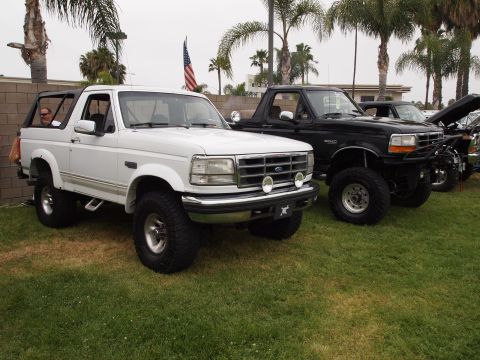 1994 Ford Bronco - A white 1994 Ford Bronco is parked on a grassy lawn next to other vehicles.