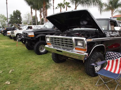 1994 Ford Bronco - Several Ford Broncos are lined up on a grassy field with their hoods open, displaying their engines.