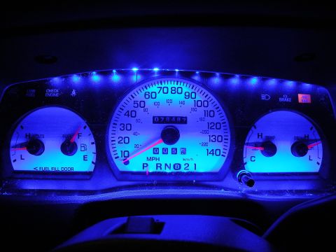 2003 Ford Crown Victoria - Dashboard gauges glowing blue at night, 140 MPH speedometer and side fuel and temp gauges
