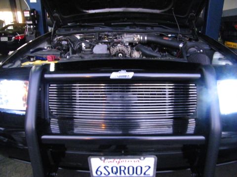 2003 Ford Crown Victoria - Head-on view of black car billet grille, grille guard and twin headlights, hood up