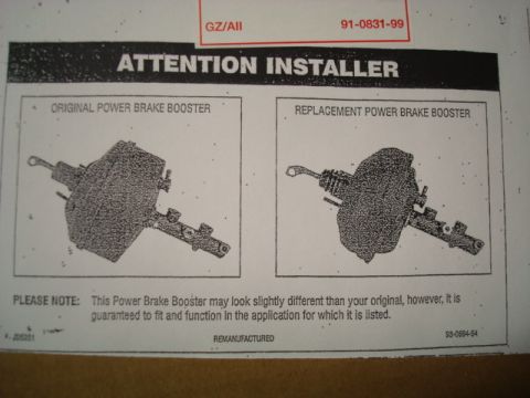 1995 Ford Bronco - Installer instruction label illustrating original versus replacement power brake booster with a fitment note.