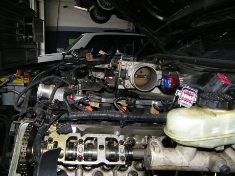 2003 Ford Crown Victoria - Garage view of an engine mid-teardown with throttle body and overflow tank visible