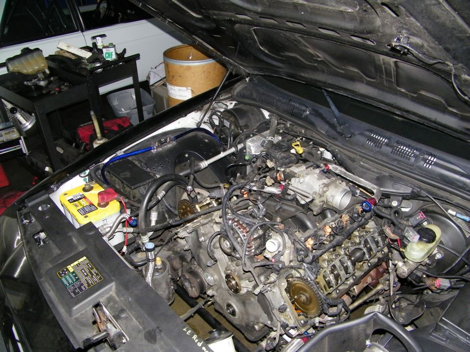 Stripped engine bay with wiring and timing cover exposed under raised hood