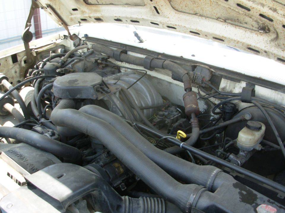 V8 engine bay of a truck with air cleaner and hoses