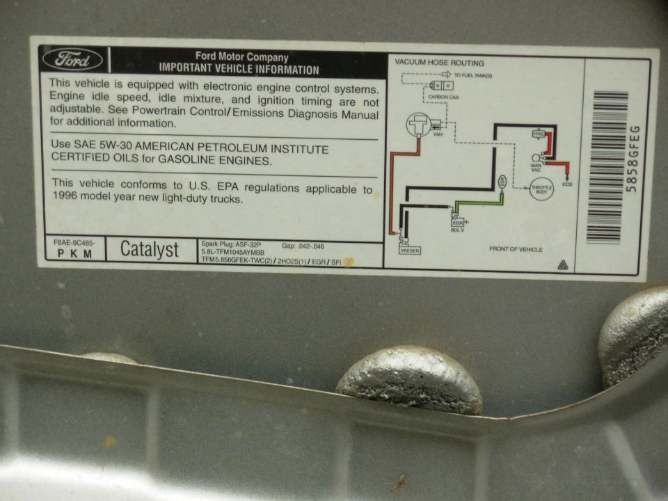 Ford 1996 5.8L vehicle information decal with vacuum hose routing diagram and ASF-32P plug