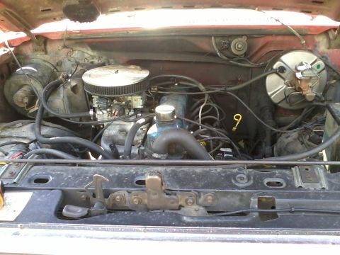 1981 Ford Bronco - The engine bay of a red 1981 Ford Bronco shows its V8 engine, carburetor, and air filter.