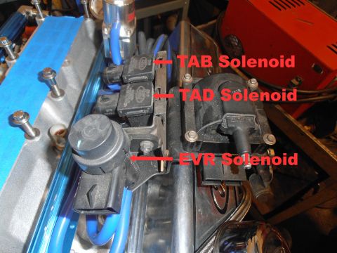 1990 Ford Bronco - Close-up view of engine solenoids, including TAB, TAD, and EVR components.