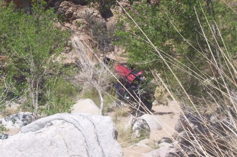 1981 Ford F-150 - An off-road vehicle with a red top is seen navigating a rocky, natural terrain, partially hidden by vegetation.