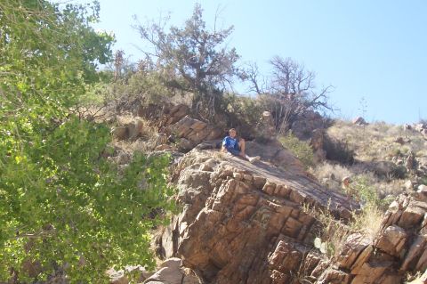 1981 Ford F-150 - A person sits on a rocky outcrop on a sunny day, surrounded by trees and arid vegetation.