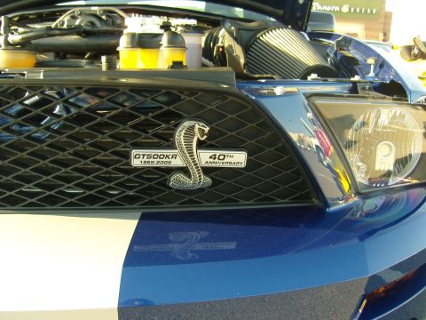 2007 Ford Mustang - Close-up of the grille on a blue Ford Mustang GT500KR, highlighting the 40th Anniversary badge.