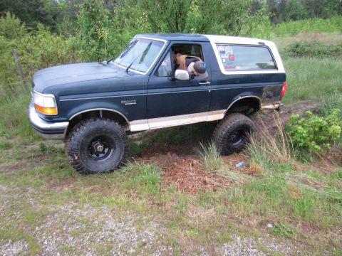 1992 Ford Bronco - This 1992 Ford Bronco is navigating a dirt path with tall grass and trees in the background.