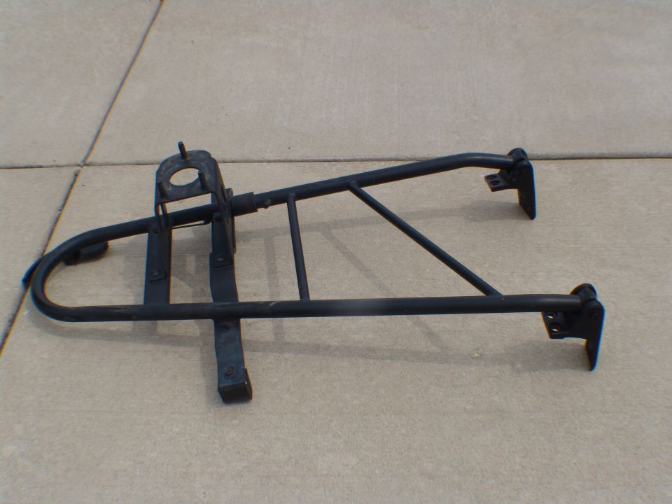 Black metal spare tire carrier frame with mounting brackets