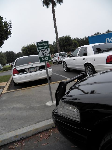 2003 Ford Crown Victoria - Lot with a black sedan, white sedans and a green reserved priority club parking sign