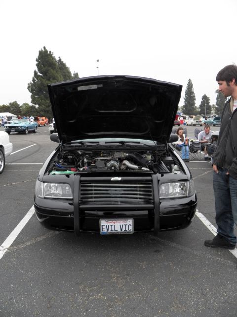 2003 Ford Crown Victoria - Front view of a blacked-out Crown Victoria reading EVIL VIC on the plate, spectator standing alongside.