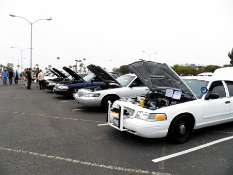 2003 Ford Crown Victoria - Lineup of full-size Ford sedans with raised hoods; front white car has a push bar and spotlight