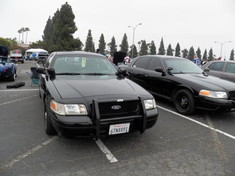 2003 Ford Crown Victoria - Black Crown Victoria, plate 6TNX891, front push bar and display sheet under wiper at car meet