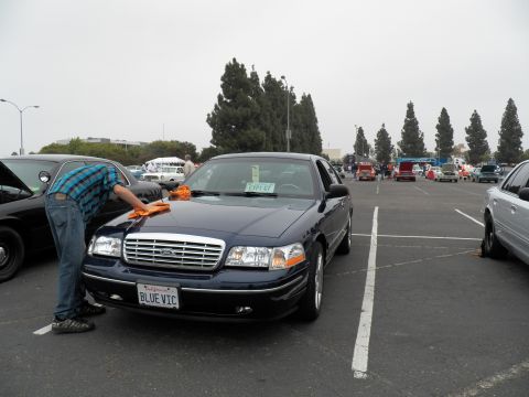 2003 Ford Crown Victoria - Owner wipes the hood of a navy Crown Victoria, vanity plate reads BLUE VIC, lot full of cars behind