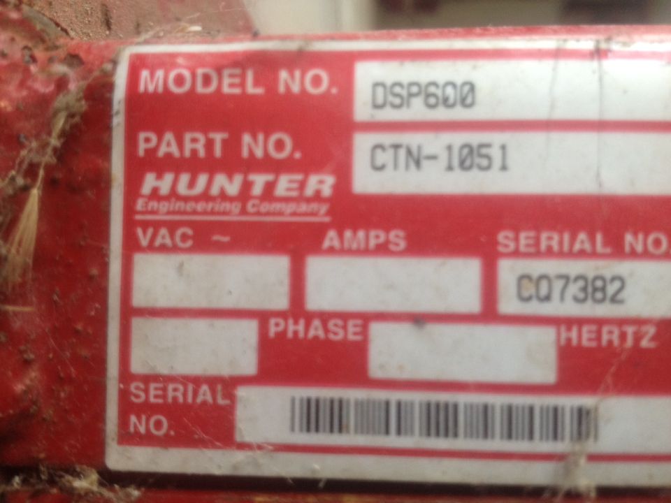 Hunter Engineering Company label with model DSP600, part CTN-1051, and serial CQ7382