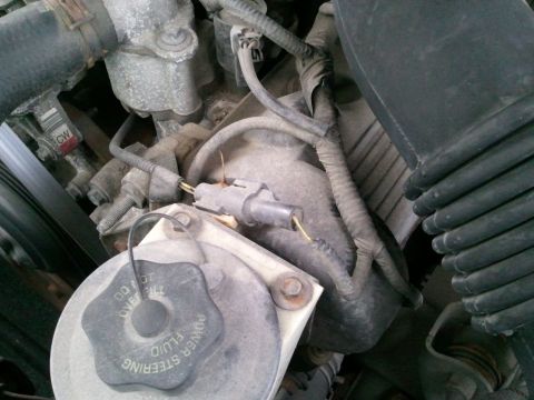 1999 Ford Crown Victoria - This image shows various engine components, including a power steering fluid reservoir with instructions.