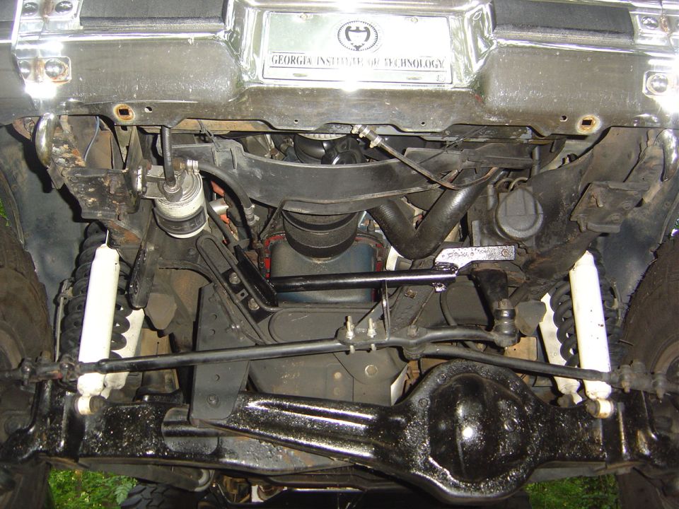 Undercarriage of a vehicle showing suspension, steering components, and a differential