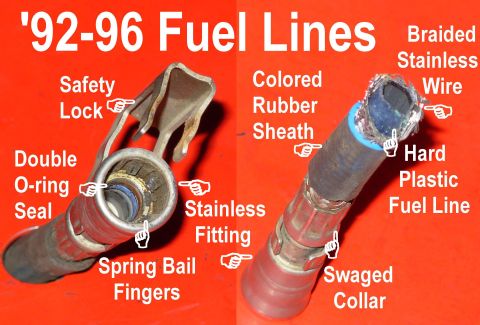 1983 Ford Bronco - '92-96 Fuel Lines (gas) are PTFE tubing inside SS braiding swaged to SS quick-connects with double-O-ring seals and colored rubber anti-rat…