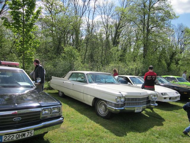 White Cadillac sedan parked on grass with other cars