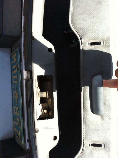 1989 Ford Mustang - Interior view of a car door's latch mechanism and panel, with a license plate visible.