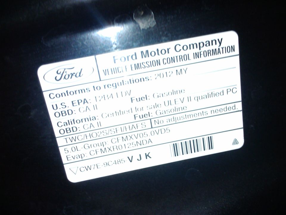 Ford 2012 MY vehicle emission control information label for a 5.0L gasoline engine