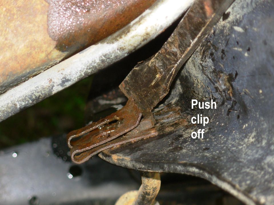 Brake Hose Clip Removal

The clip can't be removed until the brake line & inverted flare nut are gone.  Pry the clip up and off; two prybars may be required.  If necessary, hook into the back of the clip to pull it off while holding the front up.

Go to the NEXT...