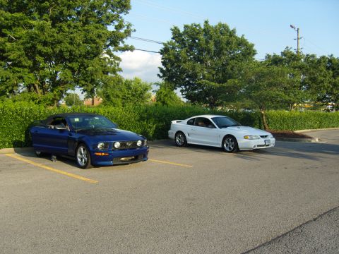 2007 Ford Mustang - Two Ford Mustangs, a blue convertible and a white coupe, are parked in a lot on a sunny day.