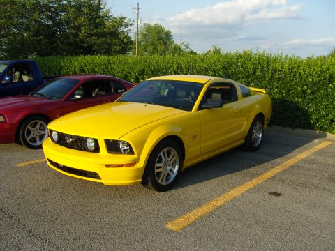 2007 Ford Mustang - Yellow 2007 Ford Mustang GT in a parking lot with other vehicles.