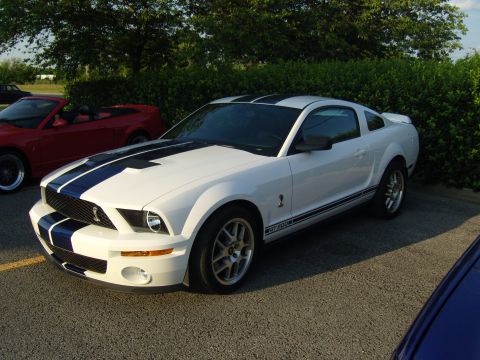 2007 Ford Mustang - A white 2007 Ford Mustang GT500 with iconic blue racing stripes is parked in a lot, with a red convertible visible in the background.