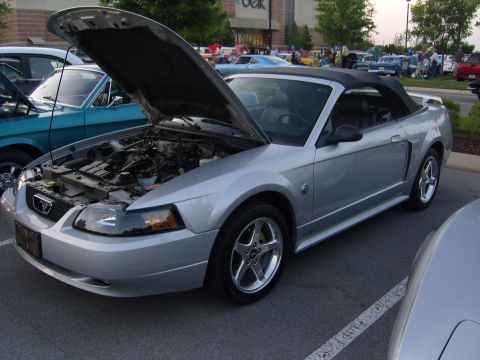 2007 Ford Mustang - A silver 2007 Ford Mustang convertible is displayed with its hood open at a car meet.