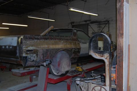 1975 Ford Ranchero - This 1975 Ford Ranchero is in a workshop, undergoing repairs and bodywork.