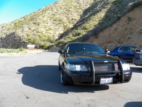 2003 Ford Crown Victoria - Black Crown Victoria with brush guard and EVIL VIC plate sits at a sunlit canyon pullout.