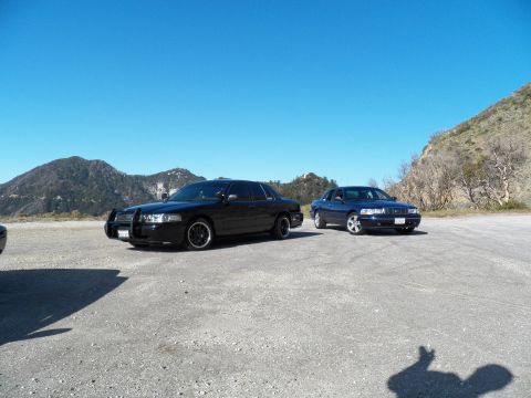 2003 Ford Crown Victoria - Black and blue full-size sedans angled in a gravel pullout with mountains under clear sky