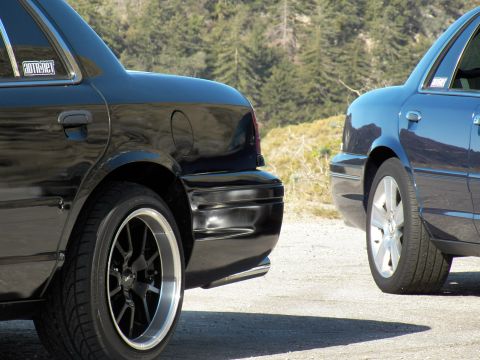 2003 Ford Crown Victoria - Black full-size sedan tail meets blue sedan flank against pine-covered slope