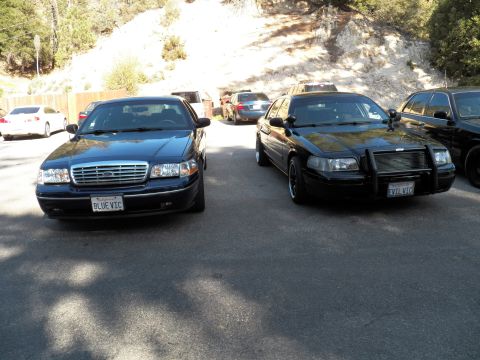 2003 Ford Crown Victoria - Two Crown Victorias front-to-front, one with push bar and a BLUE VIC tag.