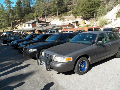 2003 Ford Crown Victoria - Primer-gray Crown Victoria with blue rims fronts a parked lineup at a lodge.