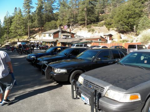 2003 Ford Crown Victoria - Several black Crown Victorias parked nose-out near a flag-flying lodge.