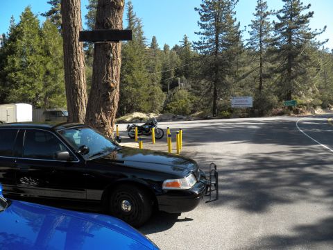 2003 Ford Crown Victoria - Black sedan with rear hitch rack sits beside a blue car at a tree-lined mountain pullout.