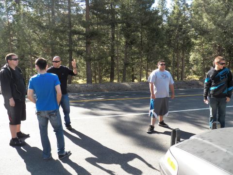 2003 Ford Crown Victoria - Group of men gather at the edge of a pine-lined mountain road, conversing in bright sun.